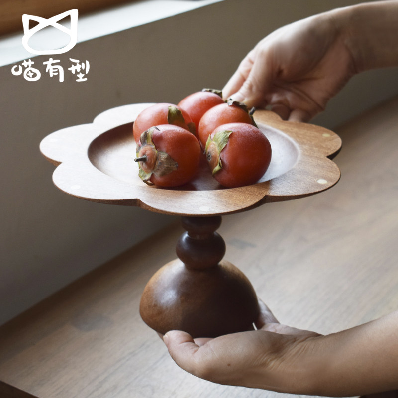 喵有型可爱花朵高脚实木餐盘水果蛋糕点心茶早餐寿司面包日式托碗