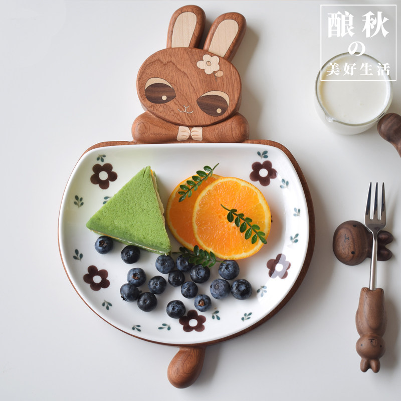 喵有型可爱猫咪兔子盘子木质坚果点心水果沙拉早餐盘日式可爱果盘