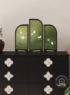 中世纪风格桌面小屏风装饰绿色蝴蝶场景布局装饰画法式覆古侧柜画