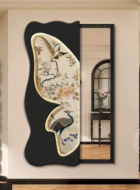 中古风蝴蝶可移动隐形全身镜子装饰画关闭暗藏推拉玄关穿衣镜挂画