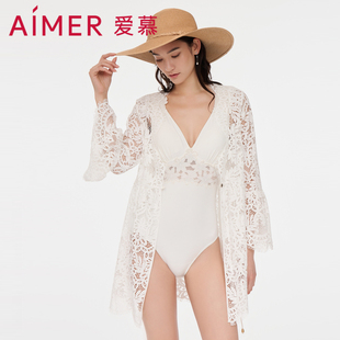 爱慕泳衣女士春夏纯色柔软微弹性感蕾丝罩衣沙滩开衫外披AM608052