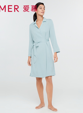 爱慕睡衣女夏季薄款含真丝轻羽蕾丝小翻领衬衫家居服睡袍AM487211