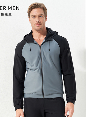 aimer men爱慕先生酷感运动帽衫灰黑中绒插肩拉链长袖62C848
