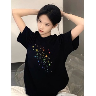 纯棉欧货美式 宽松设计感小众独特漂亮上衣 复古正肩短袖 t恤女夏季