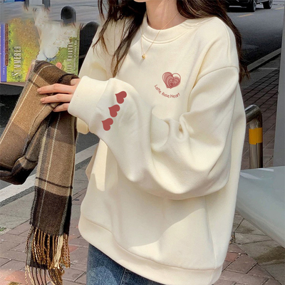 杏色圆领卫衣女2025新款爆款秋冬加绒宽松设计感小众上衣打底衫