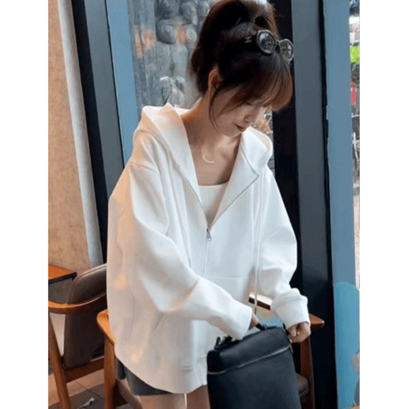 慵懒白色拉链开衫连帽卫衣外套女美式新款爆款早秋款宽松长袖上衣
