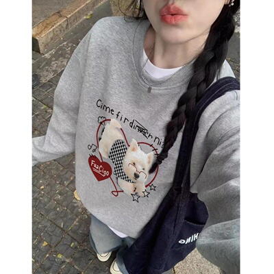 灰色卡通小狗印花无帽卫衣女冬季加绒加厚打底小个子圆领重磅上衣
