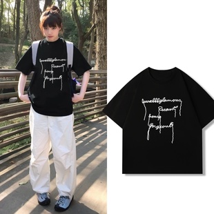 上衣 美式 慵懒风宽松纯棉短袖 t恤女2025新款 黑色显瘦圆领印花半袖