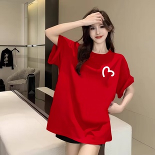 韩版红色短袖t恤女2026新款宽松慵懒风爱心印花本命年百搭上衣潮