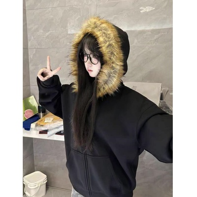 2026新款冬季毛领连帽卫衣女加绒加厚宽松韩版黑色小个子拉链外套