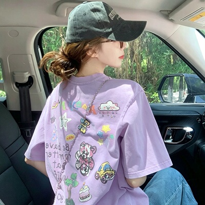 紫色涂鸦印花短袖t恤女2026新款爆夏季潮牌宽松韩系ins设计感上衣