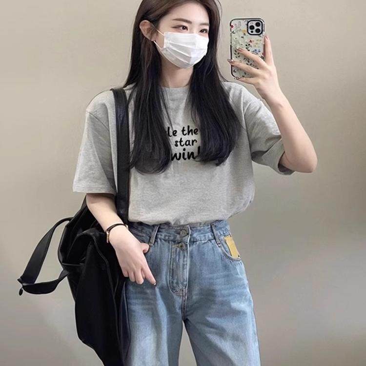 灰色t恤女高级感2026早春款爆款夏短袖宽松纯棉小衫体恤正肩上衣