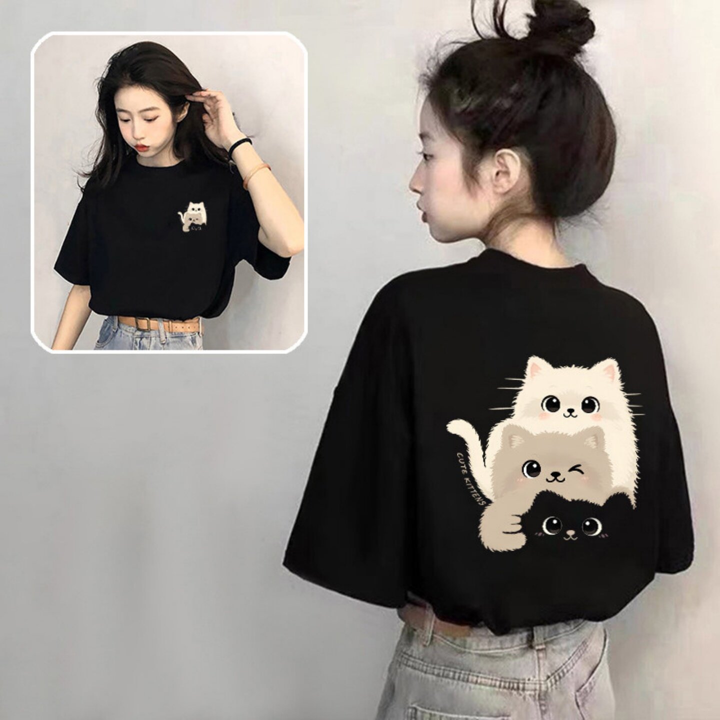 卡通猫咪黑色短袖t恤女纯棉2026新款爆款夏季独特漂亮印花上衣ins