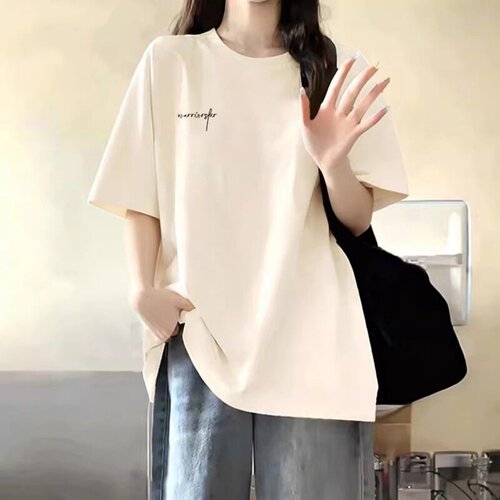 杏色纯棉圆领短袖t恤女2026夏季宽松慵懒风宽松大码字母印花上衣