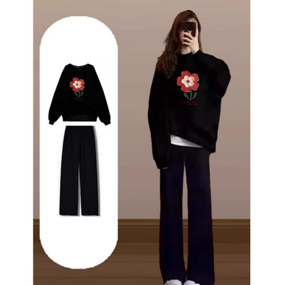 韩式慵懒风黑色花朵印花重磅卫衣女秋冬宽松圆领长袖加绒加厚上衣