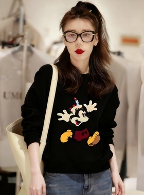 加绒加厚米奇黑色短款卫衣女2025秋冬新款宽松圆领上衣保暖打底衫