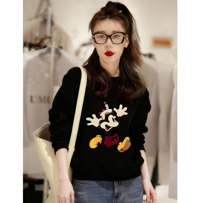 加绒加厚米奇黑色短款卫衣女打底