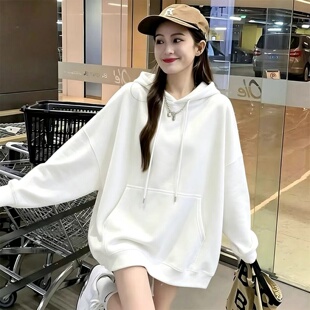 韩系白色慵懒风连帽卫衣女春秋季2026新款宽松显瘦中长款加厚上衣