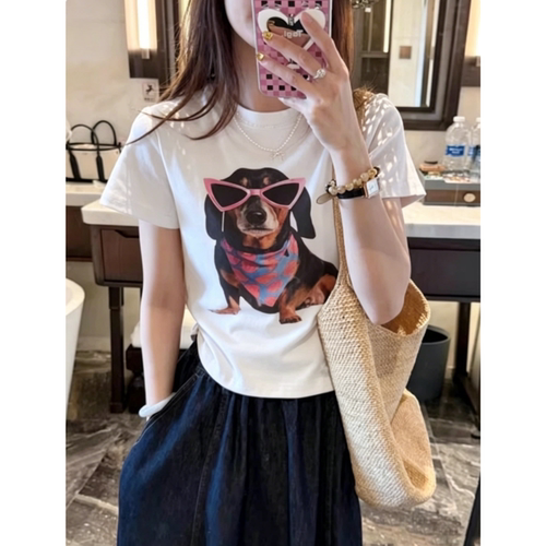 白色小狗印花正肩短袖t恤女夏日韩系穿搭超好看独特漂亮基础上衣