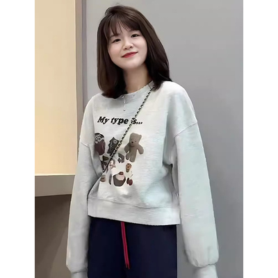 初秋灰色无帽圆领短款卫衣女2025新款爆款春秋季时尚洋气减龄上衣