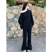 早秋穿搭 高级感慵懒风一字肩长袖 美式 黑色露肩斜领卫衣女2026秋季