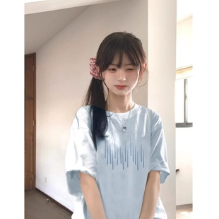 150小个子短袖 上衣ins 女百搭纯棉t恤宽松小众baby蓝夏季 2025新款