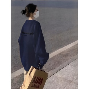 大码 设计感显瘦胖mm宽松上衣 藏蓝色圆领重磅卫衣女早秋2025年薄款