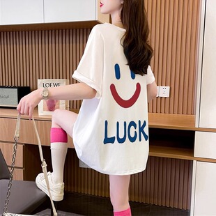 纯棉短袖 体恤时尚 t恤女设计感夏装 白色半袖 上衣服 宽松中长款 大码