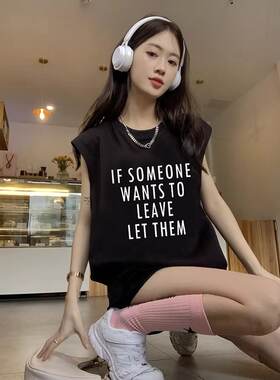 美式黑色运动宽肩吊带背心女夏天宽松外穿无袖t恤休闲坎肩上衣潮