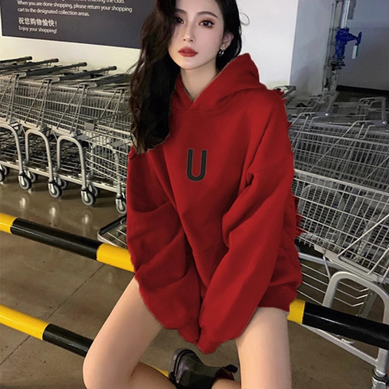 素手挽歌美式本命年红色卫衣女