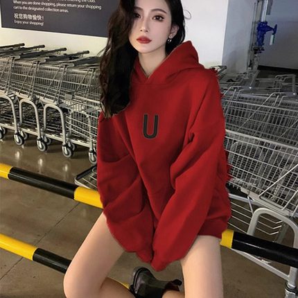 美式本命年衣服红色加绒加厚连帽卫衣女秋冬季中长款遮屁股小个子