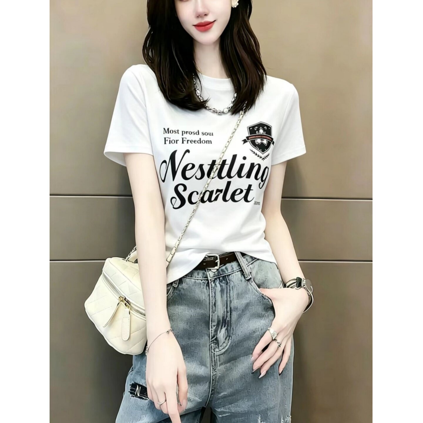 美式休闲白色短袖t恤女夏季2026新款设计感字母印花正肩减龄上衣