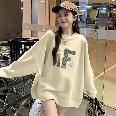 欧货杏色圆领卫衣女宽松薄款2025新款爆款设计感洋气加绒上衣ins