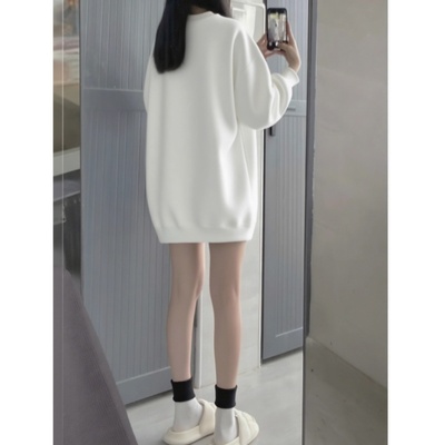 中长款圆领白色卫衣女2025早秋薄款宽松慵懒风上衣遮屁股遮臀长袖