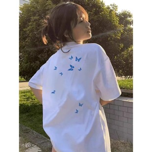 设计感小众潮牌白色上衣 短袖 t恤女2025新款 纯棉美式 复古正肩爆款