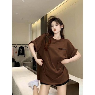 宽松oversize高街情侣装 美式 大版 t恤女夏季 上衣 复古棕色字母短袖