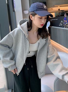 灰色卫衣开衫女2025春秋新款宽松休闲连帽棒球服短款美式运动外套