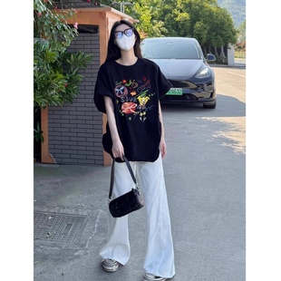 慵懒风纯棉上衣 趣味涂鸦黑色短袖 t恤女2025新款 夏季 正肩宽松韩版
