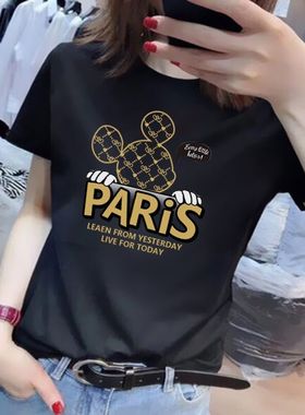 黑色米奇短袖t恤女装夏装2025年新款韩版纯棉体恤宽松圆领上衣ins