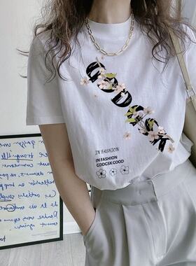 白色半高领短袖t恤女夏季2026年新款宽松纯棉上衣内搭打底衫外穿