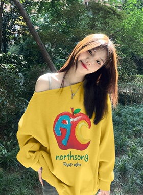 美式街头黄色斜领卫衣女2025新款爆款小个子学院风苹果印花上衣潮