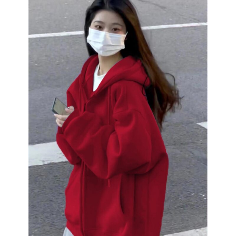 红色拉链开衫卫衣女秋冬加绒加厚2026新款慵懒风宽松棒球服外套冬图片
