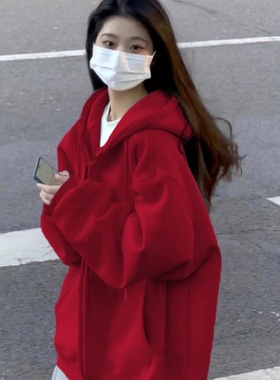 红色拉链开衫卫衣女秋冬加绒加厚2025新款慵懒风宽松棒球服外套冬