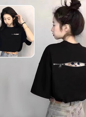 小猫黑色纯棉短袖t恤女2025夏季新款爆款设计感上衣宽松显瘦体恤