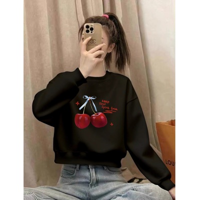 韩版黑色圆领短款卫衣女秋冬季2025新款宽松长袖印花加绒加厚上衣