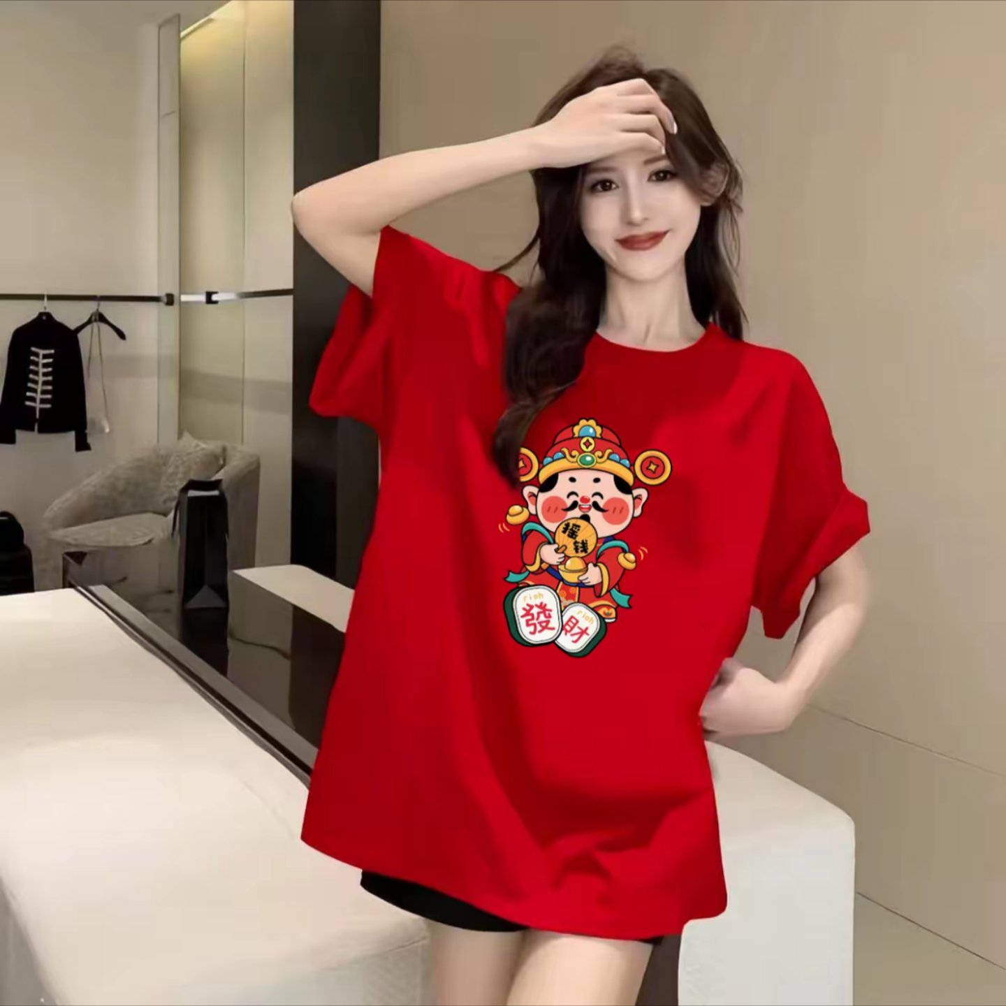 大红色显白财神印花2026新年短袖t恤女纯棉百搭宽松大码女装上衣
