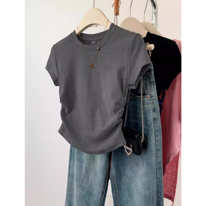深灰色正肩短款短袖t恤女夏季夏2025新款爆款小个子纯色修身上衣