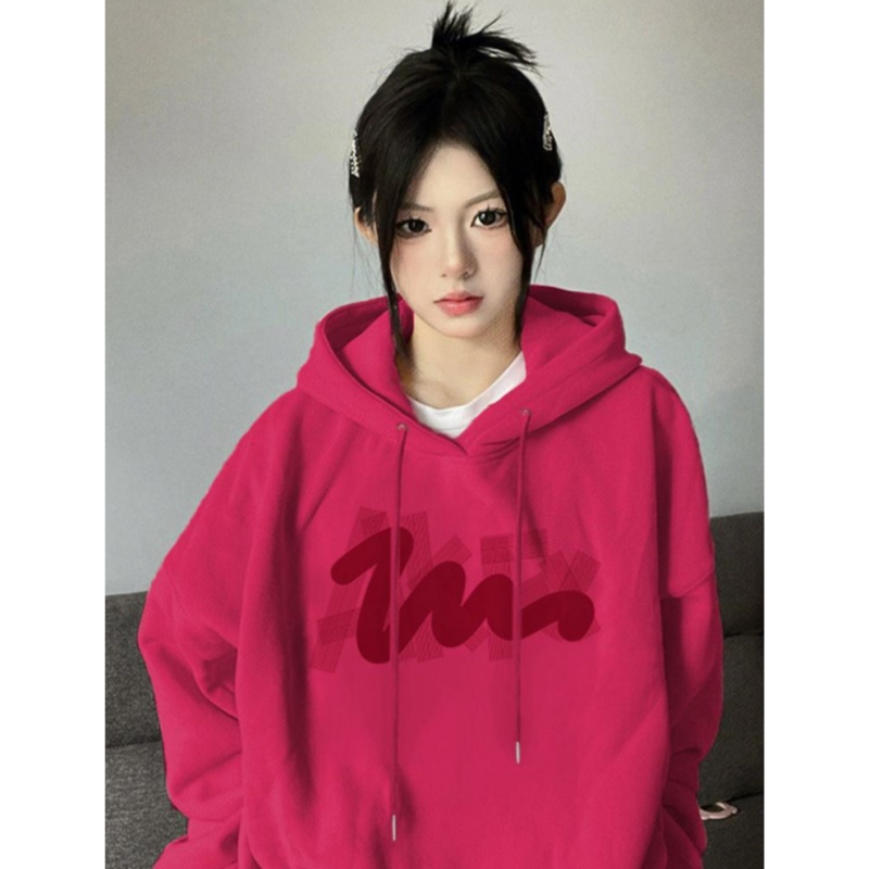 高级感好看卫衣女加绒新款爆款玫红色美式连帽宽松慵懒风小众上衣