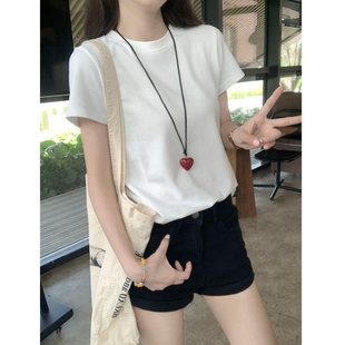 白色韩系正肩短袖 纯色圆领宽松显瘦百搭上衣ins t恤女2025夏季 新款
