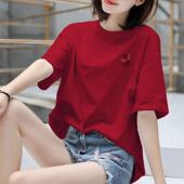 宽松体恤时尚 新款 上衣潮 女士时尚 夏天女装 纯棉t恤女红色大码 短袖